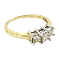 14ct gold three stone princess cut diamond ring, stamped, total diamond weight 0.74 carat