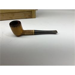 Pipes and two tiered wooden rack together with eleven pipers, including briar pipe carved as a wolf, Sea Dog straight pipe, John Brumfit pipe, meerschaum pipe ect, pipe rack H29.5cm