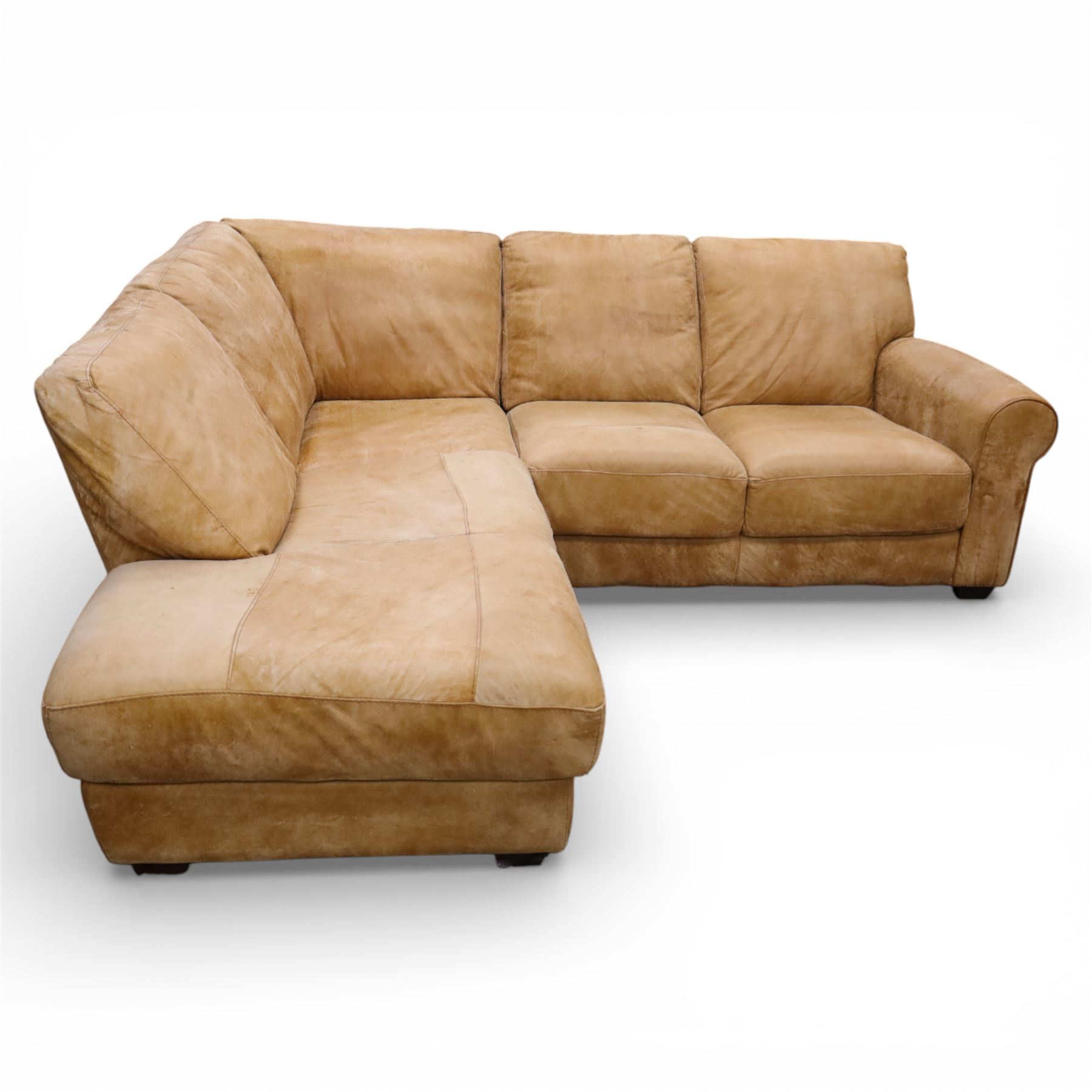 Barker & Stonehouse - 'Houston' brown leather corner sofa with left facing chaise sofa, fixed cushions on dark stained wooden legs