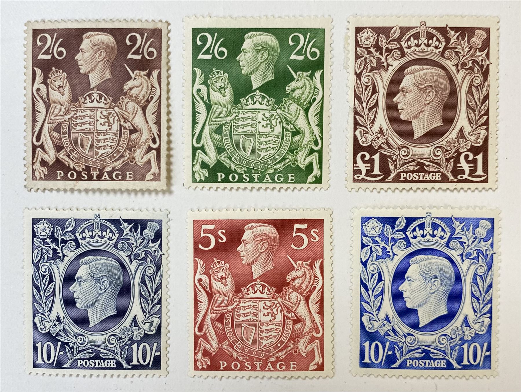 Great Britain King VI 193948 set of six stamps, including ten