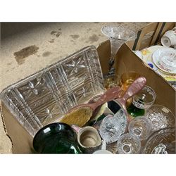 Royal Albert Poinsettia pattern part tea service, including tea cups, mugs, dessert plates, cake plate, together with James Kent plates, Crown Staffordshire Vermouth ceramic decanter label, glassware etc, two boxes 