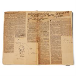 Three 1930s autograph and scrap books, comprising a scrap book documenting the Australian Rugby League team tour of England and France 1937 with newspaper clippings and a collection of signatures in pencil including Wally Prigg, Harry Pearce and Jack Reardon and two autograph books from 1935 and 1936, with signatures including players from St Helens RLFC, Yorkshire Cricket Club, Hull FC, Dewsbury RLFC, Blackpool FC, Salford RLFC, Leeds RLFC, Batley RLFC, Wigan RLFC, Manchester United, Hull Baseball Club, Tottenham Hotspur FC, and assorted entertainment signatures from theatres of the time 