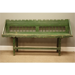  Early 19th century country green painted bench, shaped top rail above spindle back, plank seat, W163cm, H85cm, D36cm  
