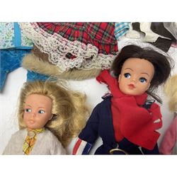 Six fashion dolls by Amanda Jane, Sindy and Barbie with various outfits, clothing and footwear