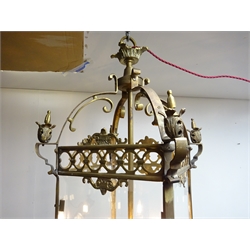  20th century brass three light hall lantern, square section openwork frame with bevelled glass panels, H100cm   