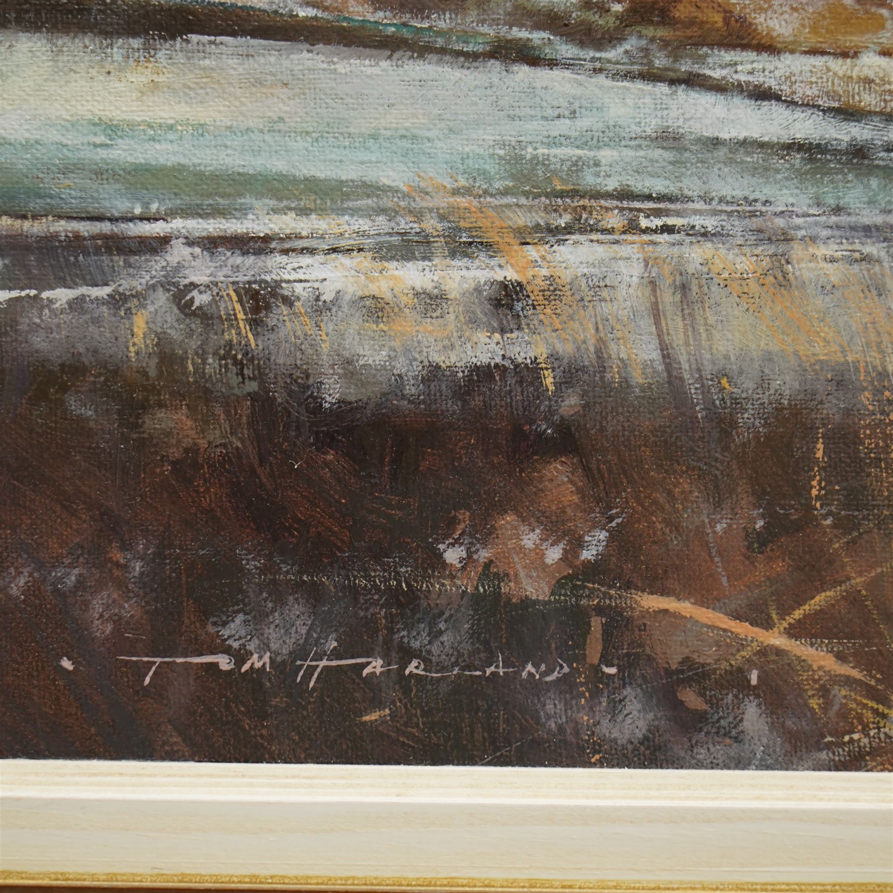 Tom Harland (Yorkshire 1945-2012): 'Early Snow Above Farndale', oil on board signed, titled verso 32cm x 46cm
Provenance: with Ladygate Gallery, Beverley