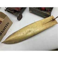 Hornby Racer 3 speedboat L45cm; pre-war Tri-ang sheet steel lorry and mobile crane; quantity of lead soldiers by Johillco etc; Tri-ang Minic clockwork Royal Mail Van; and part set of tin-plate construction pieces; all unboxed