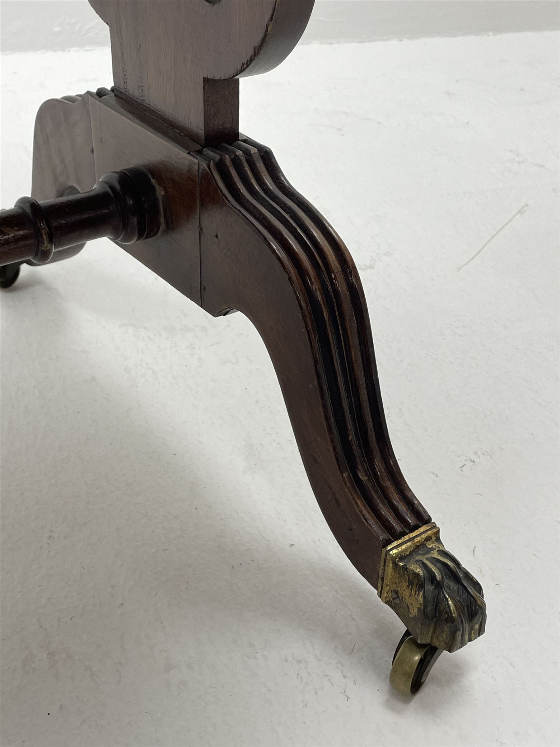 20th century walnut drop leaf sofa table, shaped drop leaf top over two drawers, on lyre shaped end pillars with splayed reeded supports joined by turned stretcher