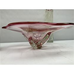 Two Whitefriars glass jugs, together with a Swedish Pukeberg art glass vase and three art glass bowls, including large pink example, some signed to base, tallest H30.5cm
