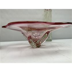 Two Whitefriars glass jugs, together with a Swedish Pukeberg art glass vase and three art glass bowls, including large pink example, some signed to base, tallest H30.5cm