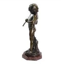 After Auguste Moreau (French 1834-1917): Large Bronze Figure of a Young Boy Playing the Aulos (Double-Reeded Pipes) standing upon a naturalistically modelled base detailed with tree stump and further pipe, signed Aug Moreau, upon octagonal red marble base, H73cm