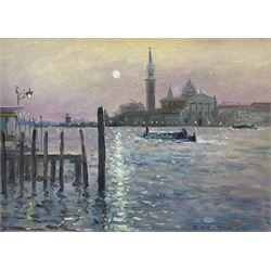 Ian Layton (British 1953-): 'Moonlight over the Lagoon - Venice', oil on board signed and dated '07, titled verso 22cm x 29cm