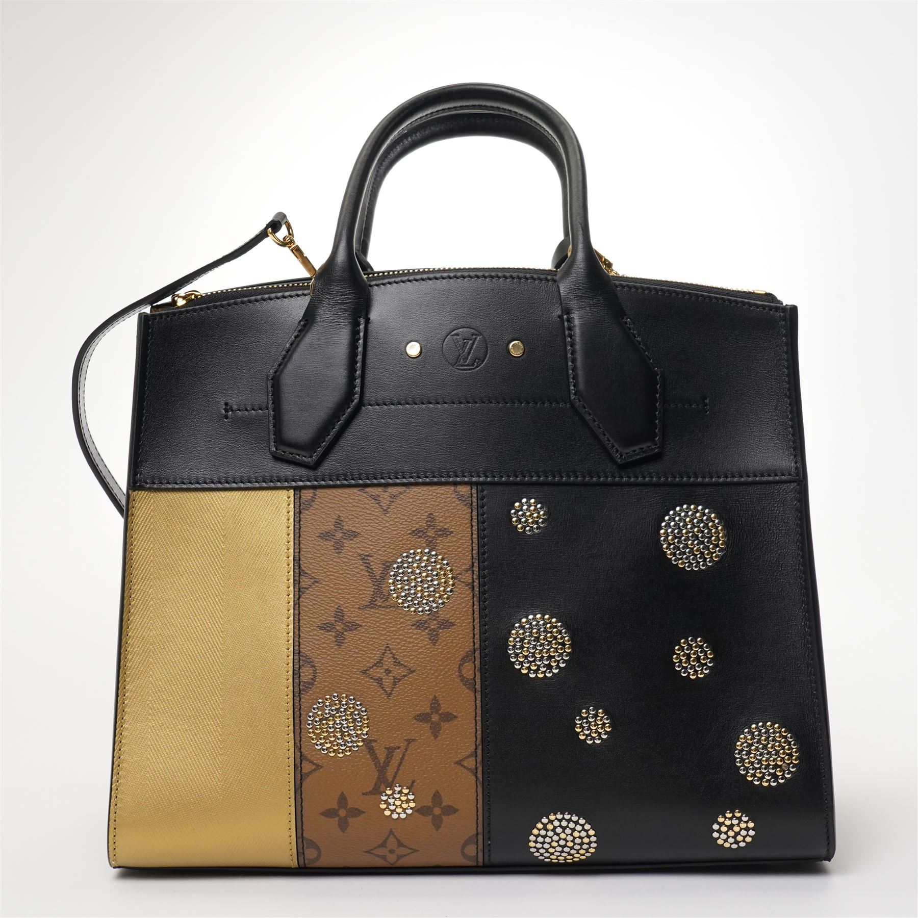 Louis Vuitton - ‘City Steamer MM’ 'Night Lights' Limited Edition Tote Bag, the model introduced for the Cruise 2016 collection under Nicolas Ghesquière, this example from the Spring/Summer 2017 collection, in black leather with Monogram canvas and contrasting pale gilt leather panels, applied with studded embellishments, with twin top handles and detachable shoulder strap, unused with padlock and luggage tag, original box and dust bag