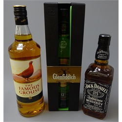  Glenfiddich Single Malt Scotch Whisky 12 years old, 70cl 40%vol, in carton, The Famous Grouse Blended Whisky, 1ltr 40%vol, & Jack Daniels Sour Mash Whiskey, 70cl 40%vol, 3 btles  