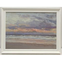 Neil Tyler (British 1945-): 'Stormy Sunrise' off the East Coast, oil on board signed, with a similar painting verso 31cm x 43cm