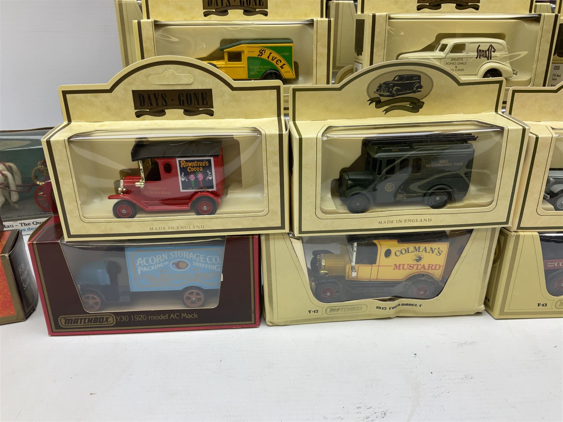 Various makers - forty-five modern die-cast models by Matchbox MOY, Days Gone, Lledo, Corgi etc including single models and sets, 1977 Silver Jubilee State Landau, commercial and promotional vehicles, passenger coach and horses, RAF etc; all boxed (45)