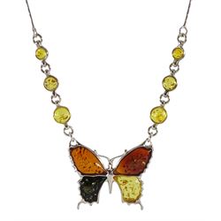 Silver amber butterfly necklace, stamped 925