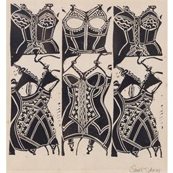 Alan Coates (British Contemporary): 'Nude 4', limited edition etching No.3/12 signed and titled 20cm x 14cm; Sarah J Venus (British Contemporary): Corsets, lino cut 21cm x 19cm; William 