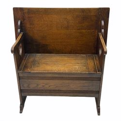 Mid 20th century oak monks bench, with hinged box seat