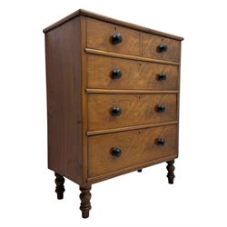 Late Victorian mahogany chest of drawers, with rectangular top over two short and three long graduated drawers, each fitted with ebonised turned knob handles and keyholes, raised on turned supports