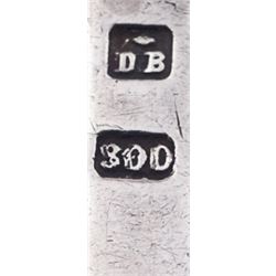 Continental silver flatware, comprising four table knifes with silver handles, four table forks, four table spoons, three dessert forks, and one dessert spoon, each stamped 800, and marked 'DB', approximate weighable silver 18.55 ozt (577.1 grams)