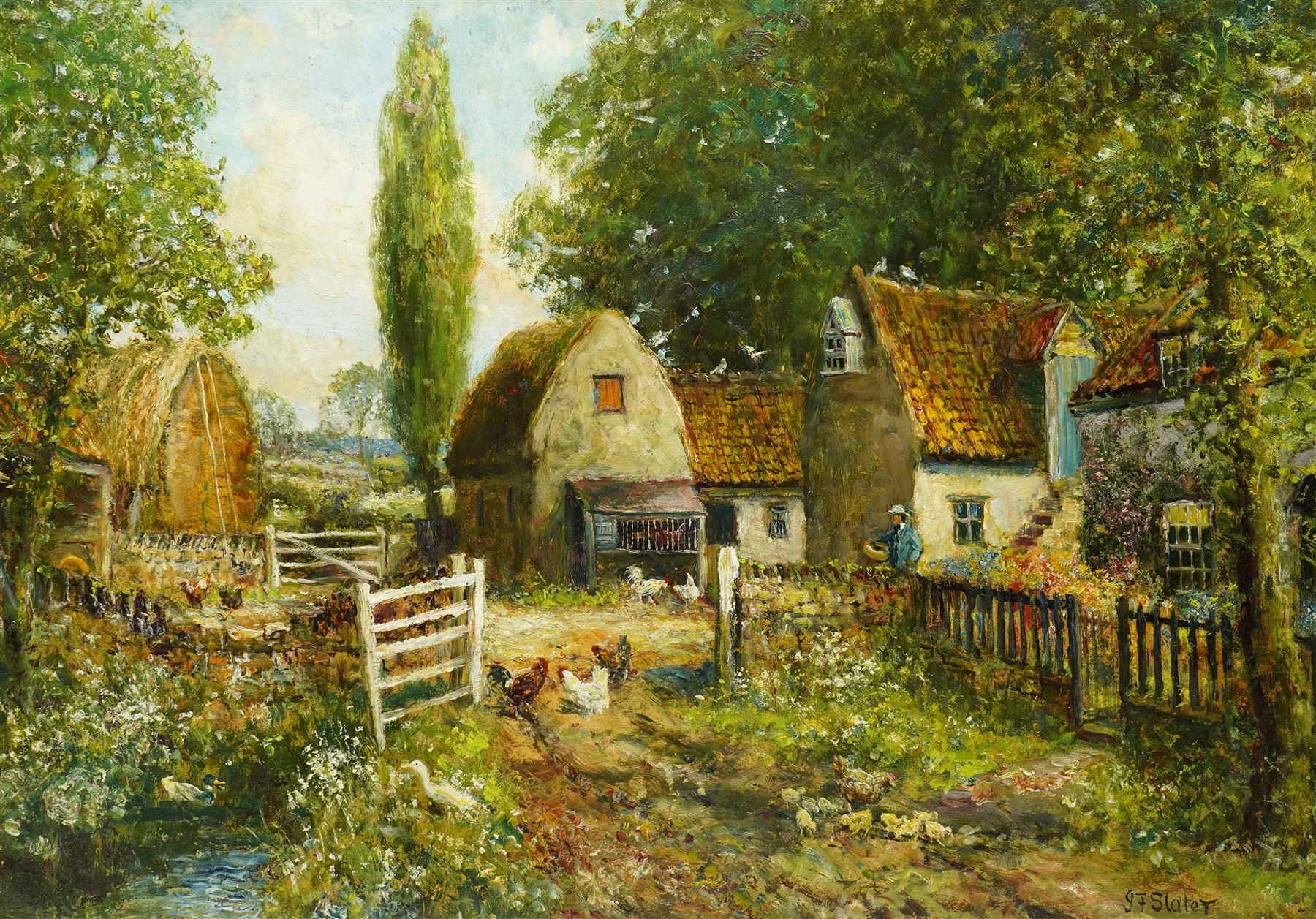 John Falconer Slater (British 1857-1937): Chickens in the Farmyard, oil on board signed 56cm x 80cm 