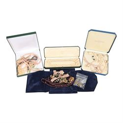 9ct gold pearl jewellery including two strands of pearl necklaces,pair of  stud earrings a...
