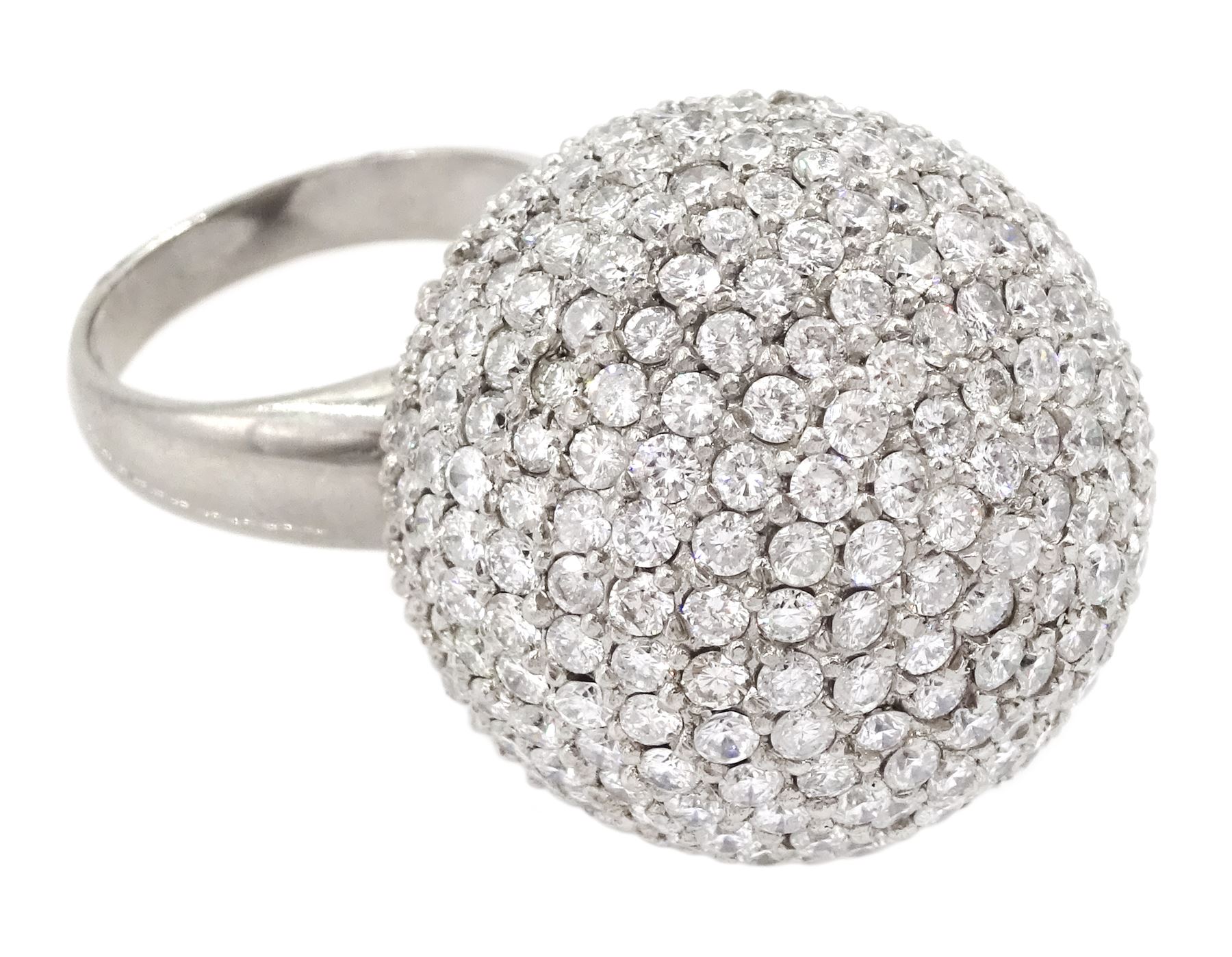 Palladium pave set round brilliant cut diamond ball ring, hallmarked, total diamond weight approx 15.00 carat