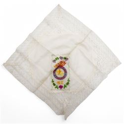 Silk square stitched with the crest of the Northumberland Fusiliers, another 'Royal Air Force' Burmese hand-painted silk handkerchief, WWI silk, postcards etc