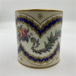 Sèvres soft paste porcelain coffee can and saucer with date code for 1767, painted with floral and laurel leaf garlands within blue scalloped and gilt borders, interlaced LL monogram enclosing the date letter O above painters mark for Catrice, coffee can H7.5cm, saucer D15cm