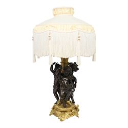 Louis XVI style gilt table lamp, the central column decorated with acanthus leaves, surrou...