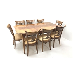  French cherry wood extending dining table, moulded top, single drawer to one end, tapering sabre supports (W194cm, H77cm, D110cm) and set eight matching chairs, shaped cresting rail, pierced splat, upholstered seat (W49cm)  