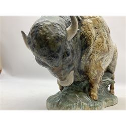 Lladro figure, Bison, no 14945, gres finish, sculpted by Salvador Furió, year issued 1976, year retired 1978, L29cm
