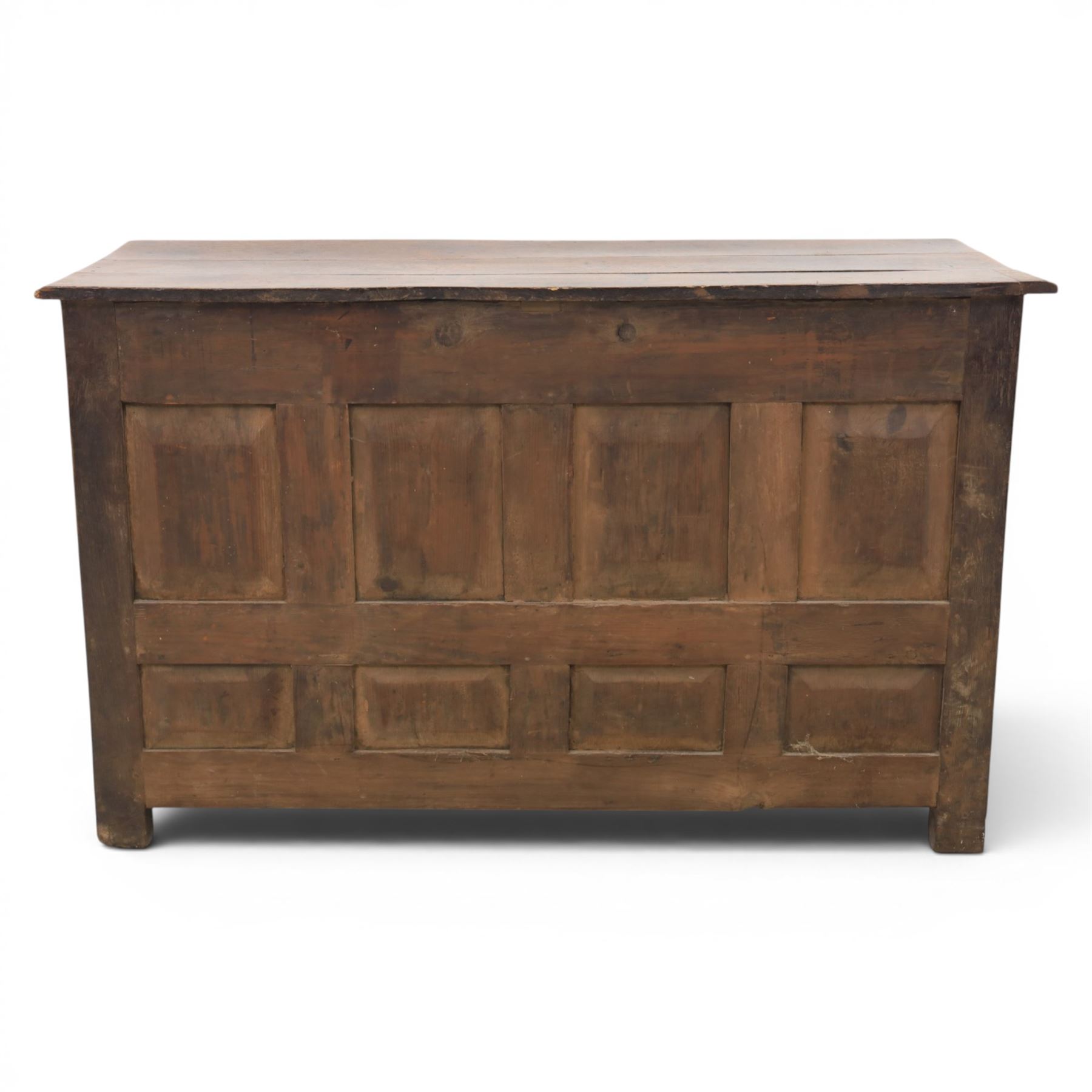 George III oak dresser base, rectangular top with moulded edge, three fielded panelled drawers with brass swan neck handles, over four fielded panelled front with the central two cupboard doors, raised on stile supports