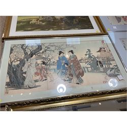 Yosai (Watanabe) Nobukazu (Japan 1872-1944): ‘The Sleeping Dragon Plum Tree At Kameido’, triptych woodblock print, together with four reproduction Japanese prints, another print, and a mirror (7)