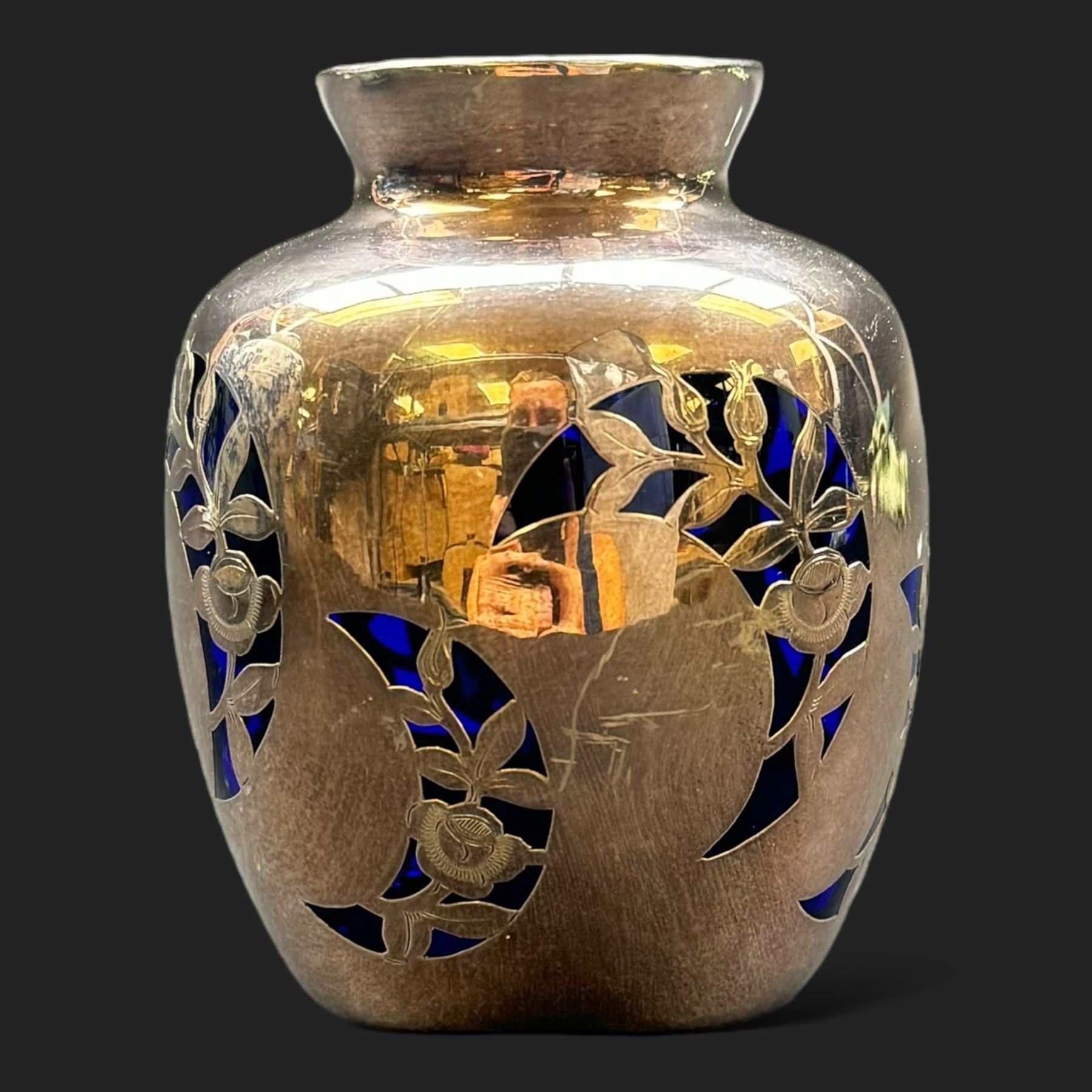 20th century Friedrich Spahr blue glass vase, decorated in silver overlay with stylised flowers in crescent moons, marked Spahr 1000/10, H11cm  
