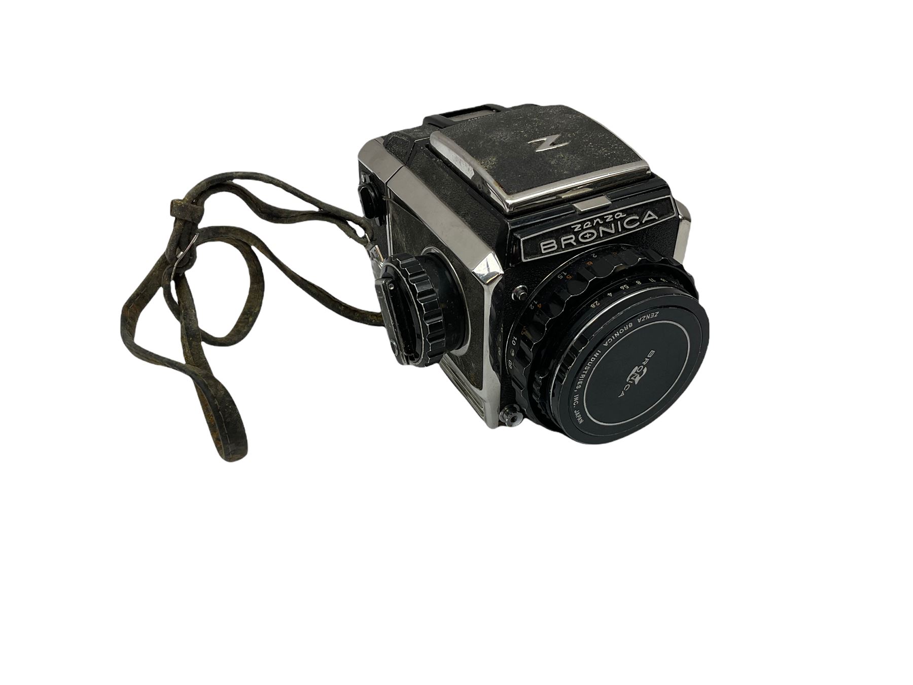 Zenza Bronica S2A medium format camera body, with Nikkor-P '1:2.8 f-75mm' lens, Zenza Bronica Zenzanon MC '1:3.5 f-150mm lens, Zenza Bronica Tele-Converter-E 2x, and two additional film cases. in a Billingham camera bag