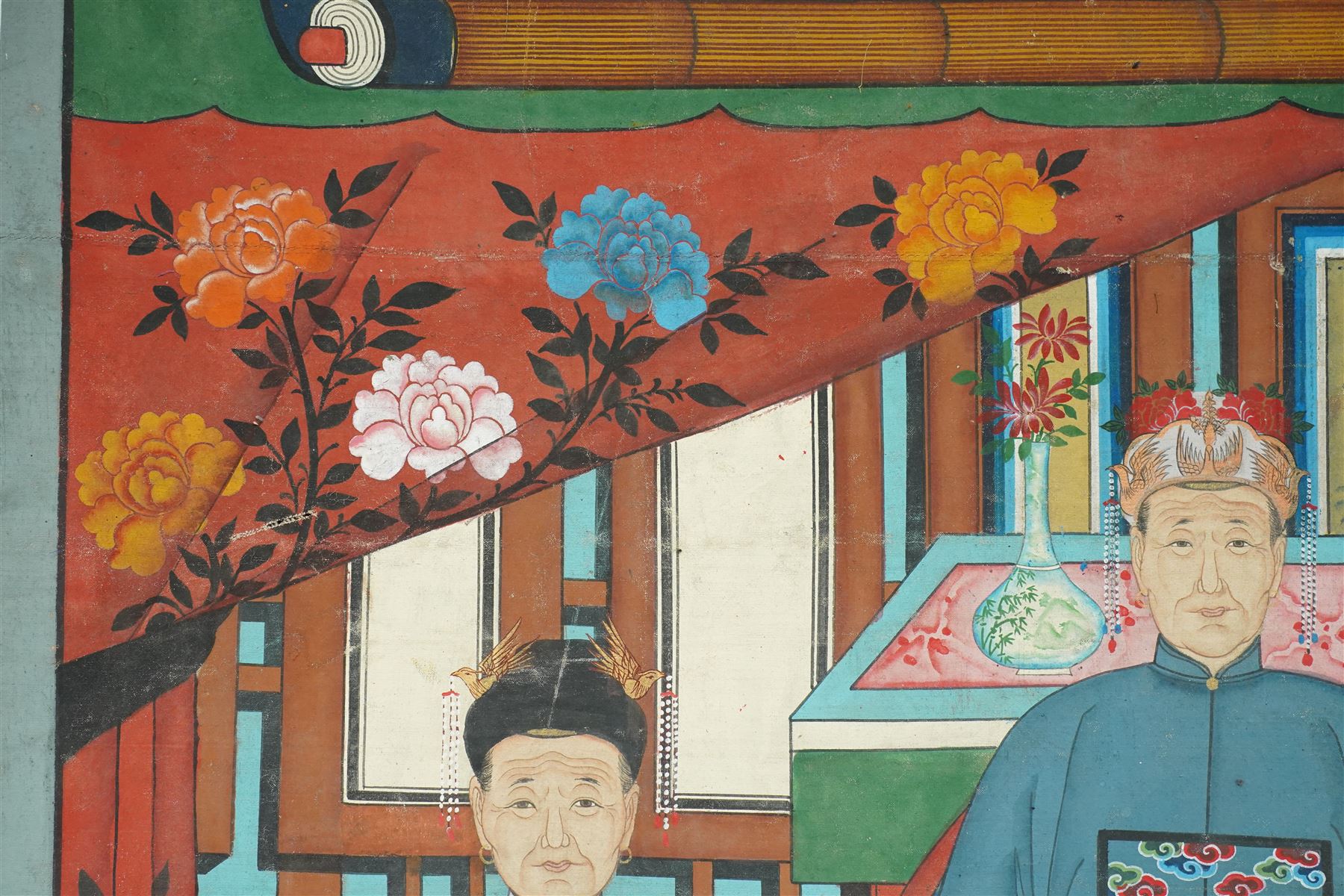 Large and impressive Chinese ancestral portrait, late Qing dynasty, gouache on stitched canvas with gilded highlights, showing thirty-eight sitters across four registers, the principal ancestors depicted before an altar table holding various ritual items, each in official dress and many wearing Golden Pheasant (Second-rank) and Silver Pheasant (Fifth-rank) Mandarin squares or 'buzi', overall 190cm x 131cm 