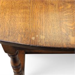 Titchmarsh & Goodwin - 18th century design oak oval drop-leaf dining table with leather dining chairs, the table with drop leaves forming an oval top extending to 180cm, with drawer to either side, raised on turned supports with gateleg, the chairs comprising two carvers in tan leather and two side chairs in green and tan leather backs, brass studded trim with turned uprights and stretchers