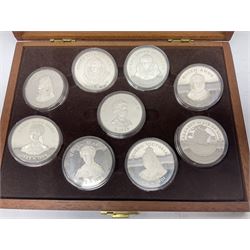 The Birmingham Mint 'The Queens Of The British Isles' sterling silver hallmarked nine medal set, housed in a fitted case, overall combined weight of the medals approximately 400 grams
