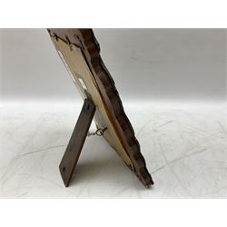 Japanese bronzed antimony frame, decorated with dragons and ho ho birds, easel stand to reverse, containing Continental crystoleum of female nude, H24cm