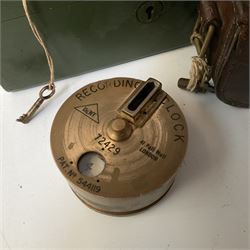 Metal cash box with key and removable tray,  together with recording clack, PAT No.544119, box L25.5cm, D18cm