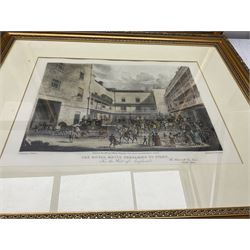 After James Pollard (British 1792-1862): 'The Taglioni Windsor Coach'; 'Royal Mail Coach'; 'The Royal Mails Preparing to Start' and 'The Unicorn Norwich Coach', set four 19th coloured engravings pub. 1824-1837 max 43cm x 59cm (4)