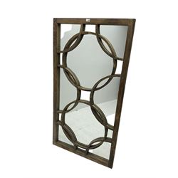Rustic wooden framed wall mirror, rectangular plate set with ringed detail