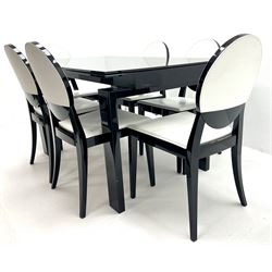 Ponsfords Sheffield Italian black gloss and glass extending dining table, rectangular supports (W220cm & 140cm, H77cm, D90cm) and set six chairs black and white dining chairs (W48cm)