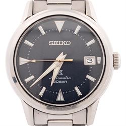 Seiko Prospex Alpinist gentleman's stainless steel automatic wristwatch, Ref. 6R35-01M0, blue dial with luminous baton and dagger hour markers and date aperture, on stainless steel bracelet, with fold-over clasp, boxed