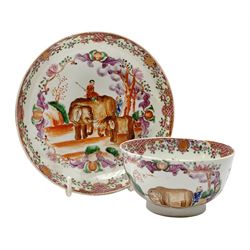 18th Century Chinese export tea bowl and saucer, decorated in the Famille Rose pallet with figures and elephants, tea bowl D8.5cm, saucer D13.5cm