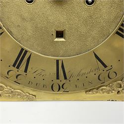 Late 18th century clock movement and dial, square brass dial with Arabic and Roman chapter ring signed 'Thos. (Thomas) Johnston, Dublin', with subsidiary seconds dial and calendar aperture, the dial set with ornate mask cast spandrels, twin train eight day movement striking on bell, with anchor escapement (34.5cm x 34.5cm, 13 1/2