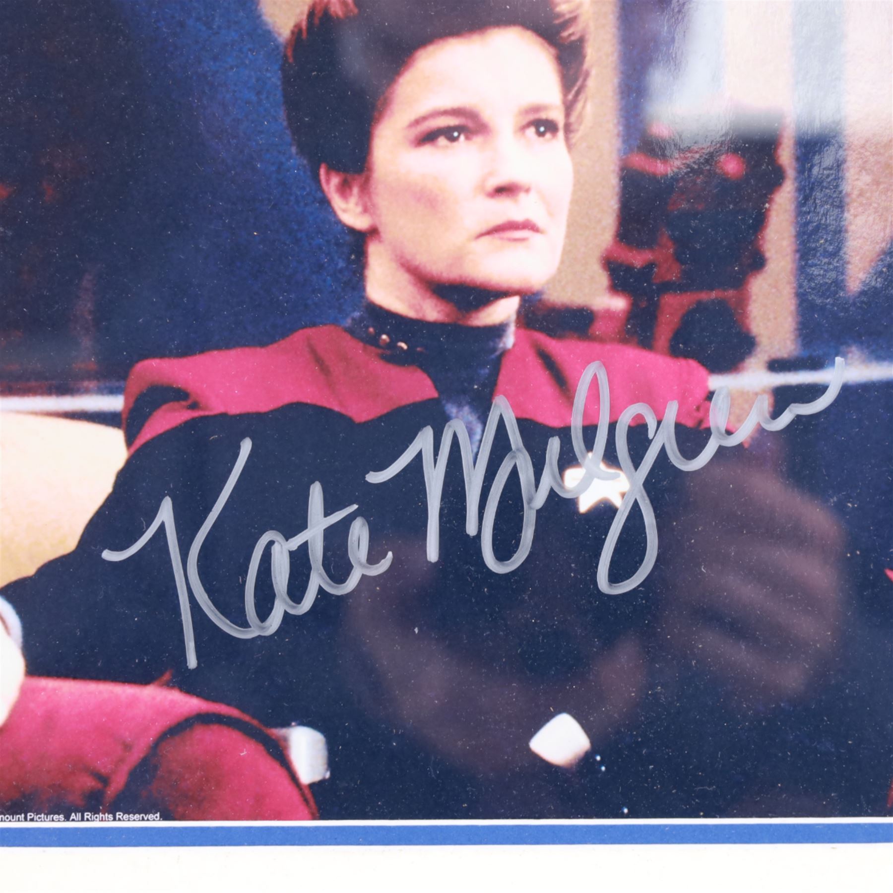 Star Trek Generations 'Two Captains, One Destiny' William Shatner (Captain James T Kirk) and Patrick Stewart (Captain Jean Luc Pickard) limited edition signed photographs, on wooden display board with plaque, limited edition no. 39/995, together with a framed Kate Mulgrew (Captain Janeway) signed photograph, tallest frame H42cm