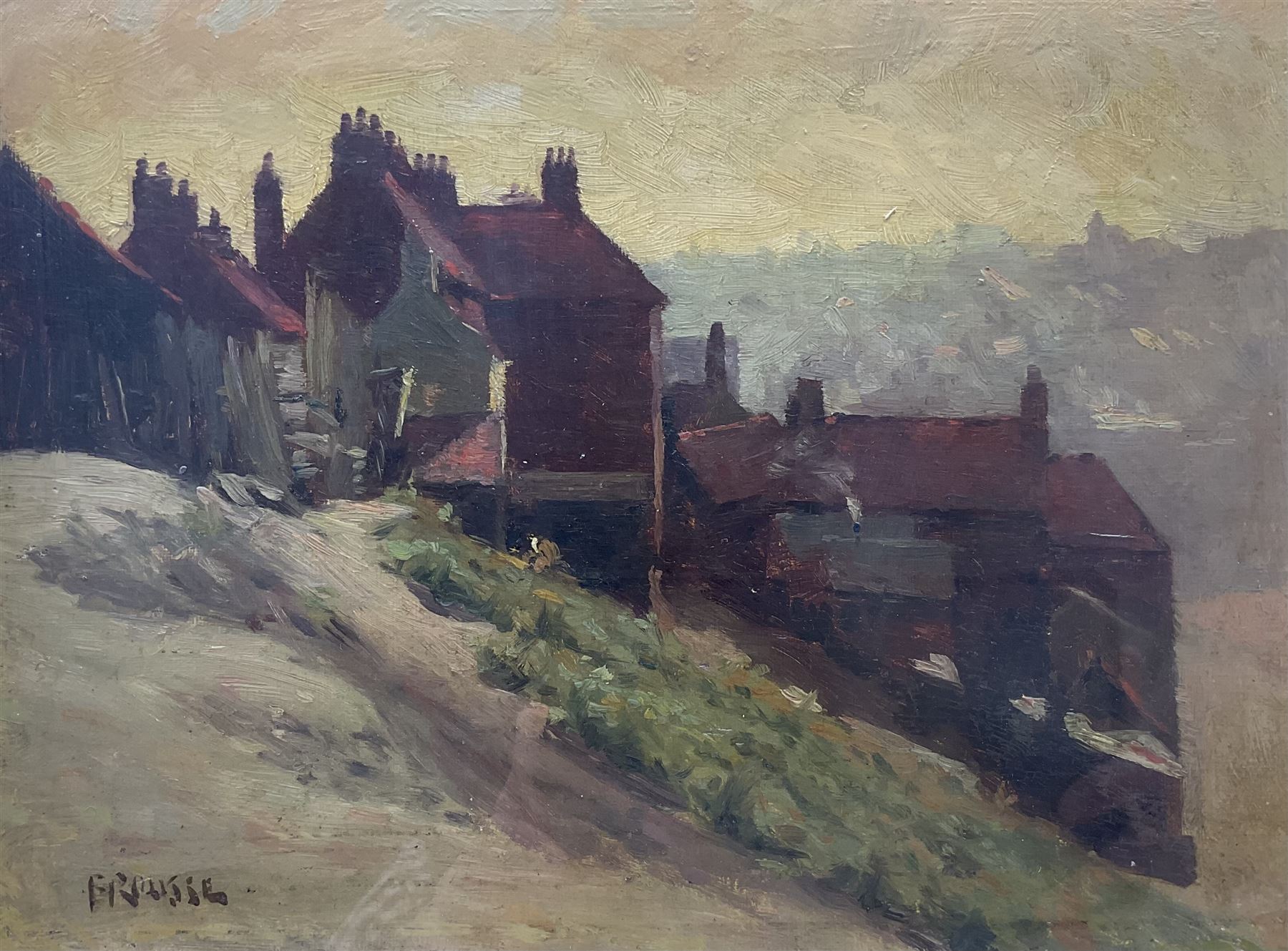 Frank Rousse (British fl.1897-1917): Henrietta Street Whitby, oil on board signed 21cm x 29cm
